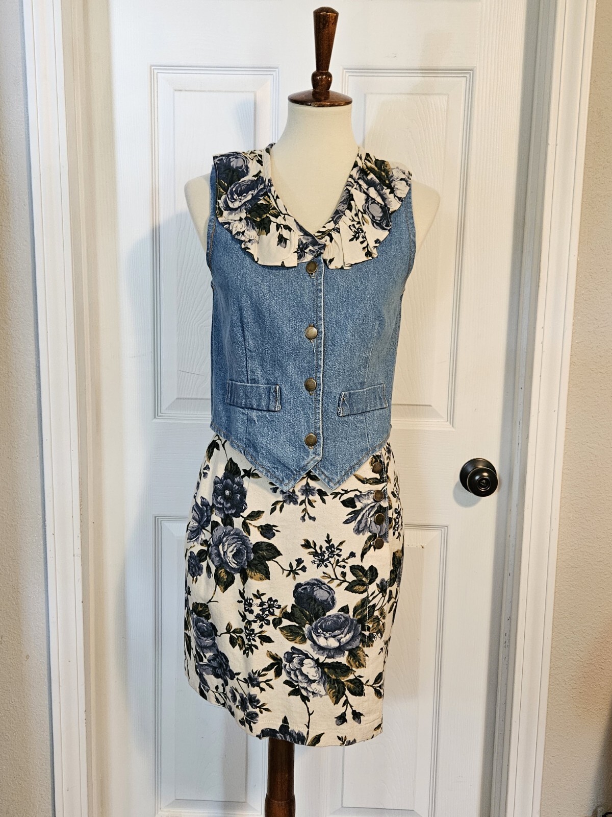 Vintage 90s Denim Skirt Vest Set Size Medium with White And Blue Florals