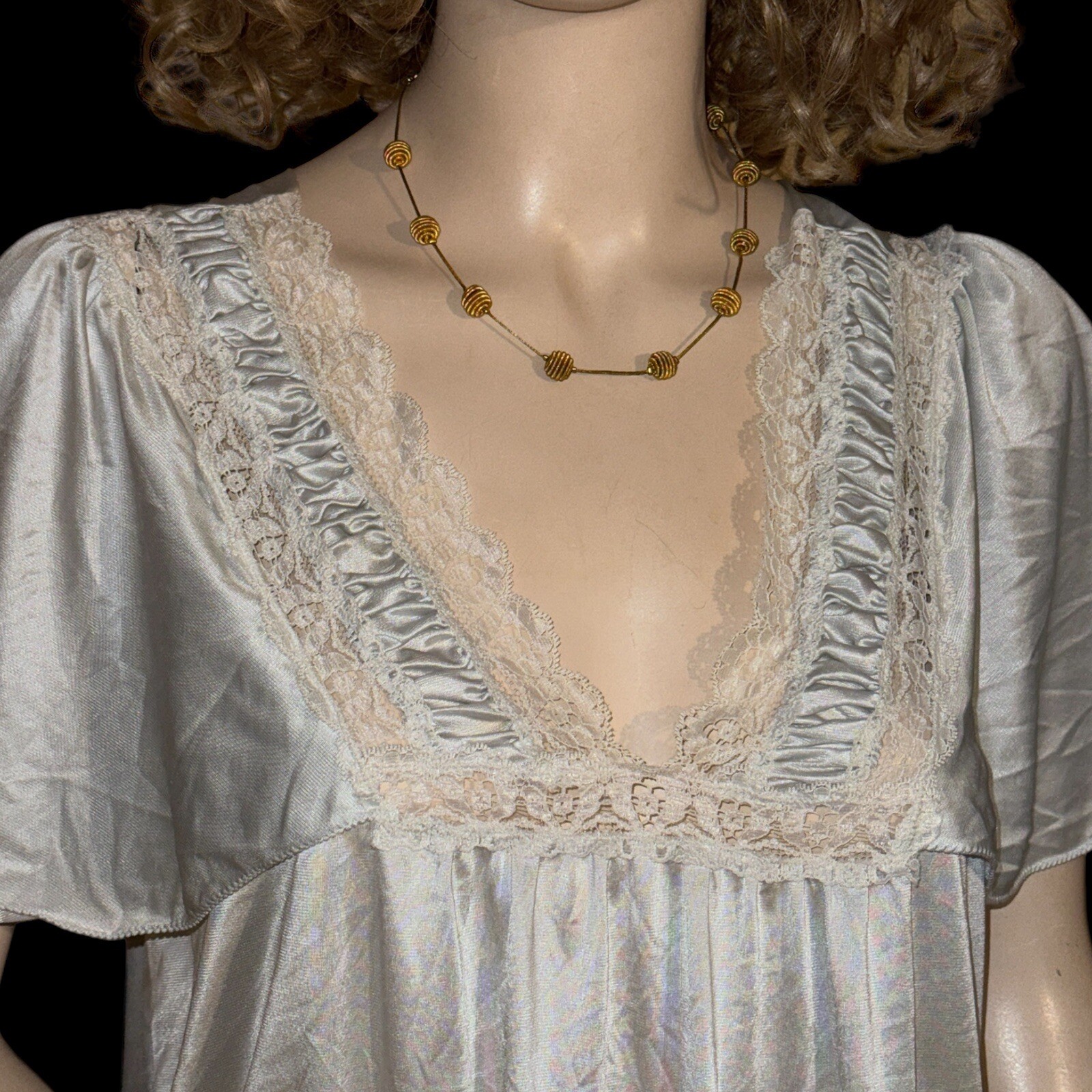 Vintage San Souci Long Lace Inset Blue Nylon Nightgown Sz M