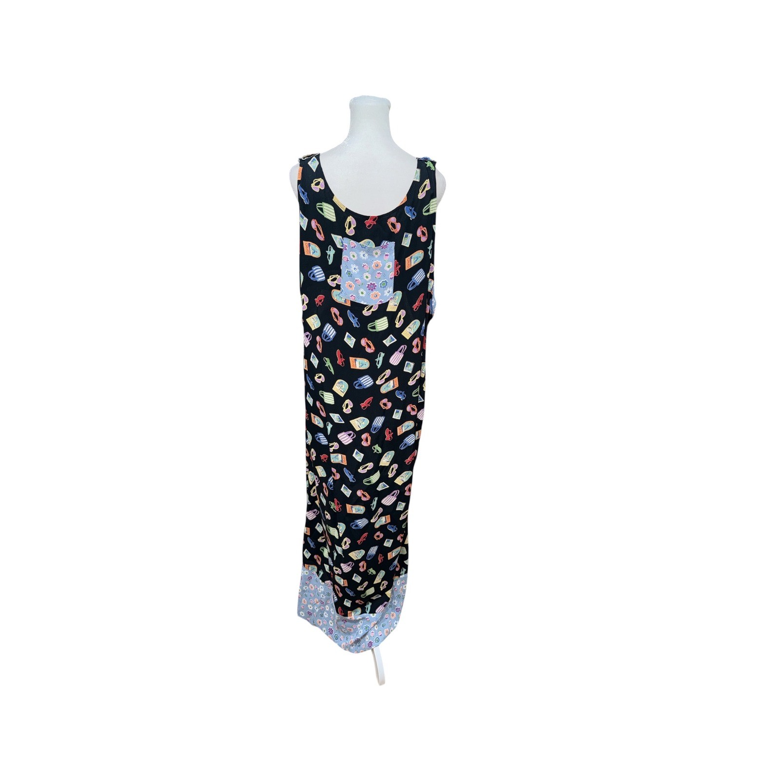Jenny Helene Vintage Vacation Novelty Print Maxi Dress Floral Pocket Black L