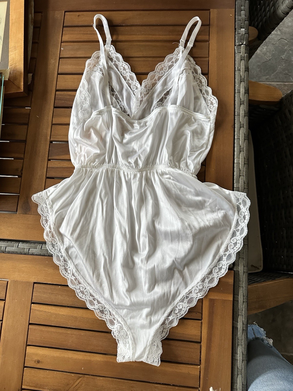 NWT Vintage Deena Nylon Slip Teddy Hi-cut Panty Silky Lace Bodysuit White Medium