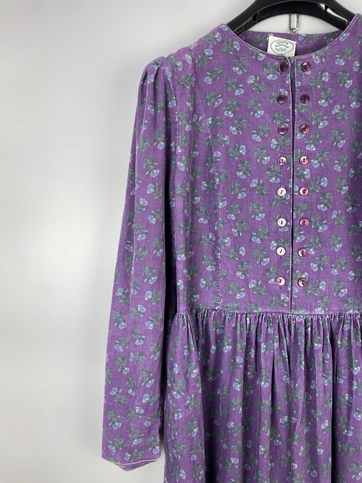 Vintage 80s Laura Ashley Dress Cotton Corduroy Floral Long Sleeve Size M EU 40
