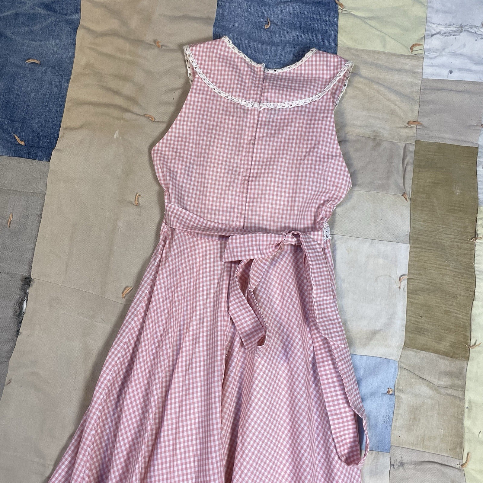 Vintage Gunne Sax Gingham Plaid Pink Dress Maxi Lace Small Cottage Coquette