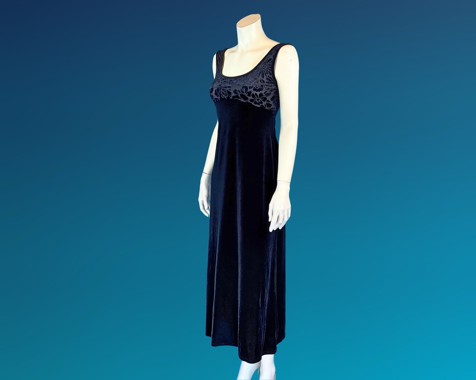 90s Black Cut Velvet Empire Waist Maxi Slip Dress XS