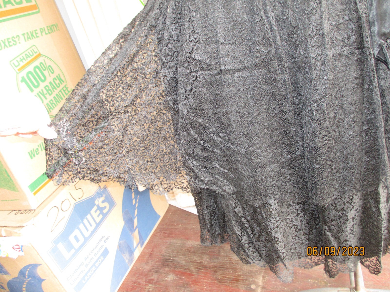 30s 40s Black Satin w/Rhinestones and Lace Slvless Dress sz40x36x42″