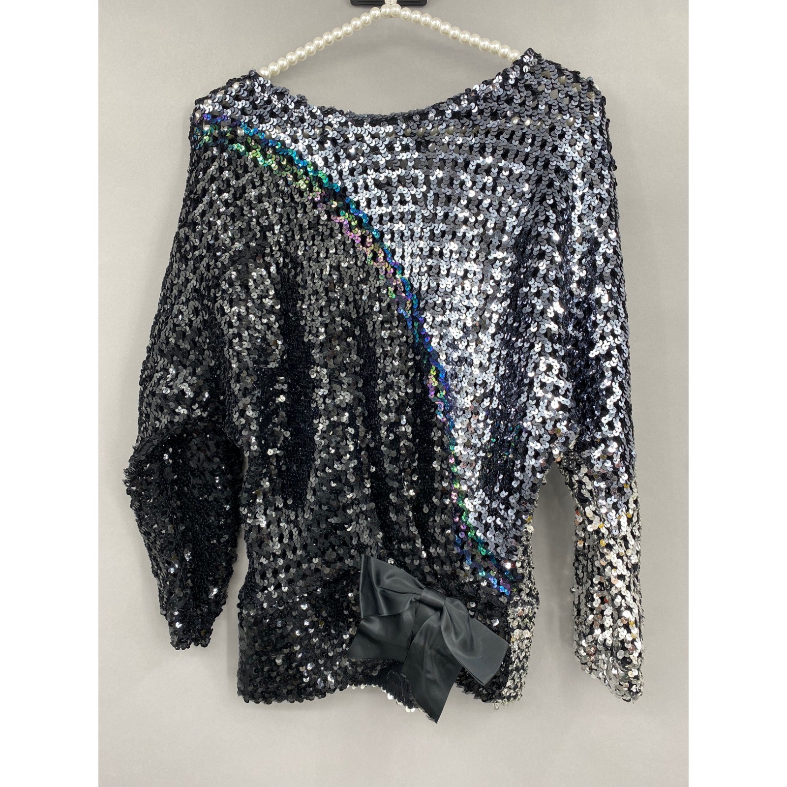 Toppettes by A.C. Brod Sequin Bow Top Womens Medium Vintage 80s Disco Glam Black