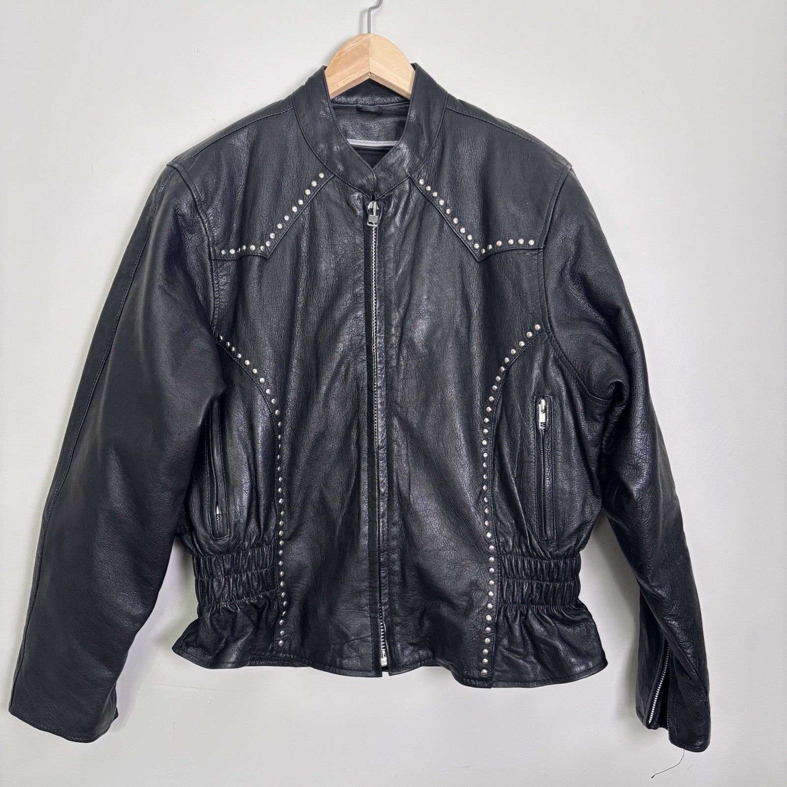 VTG 80s UNIK Black Leather Motorcycle Jacket-Studded-Peplum-Lined-Women’s 2XL