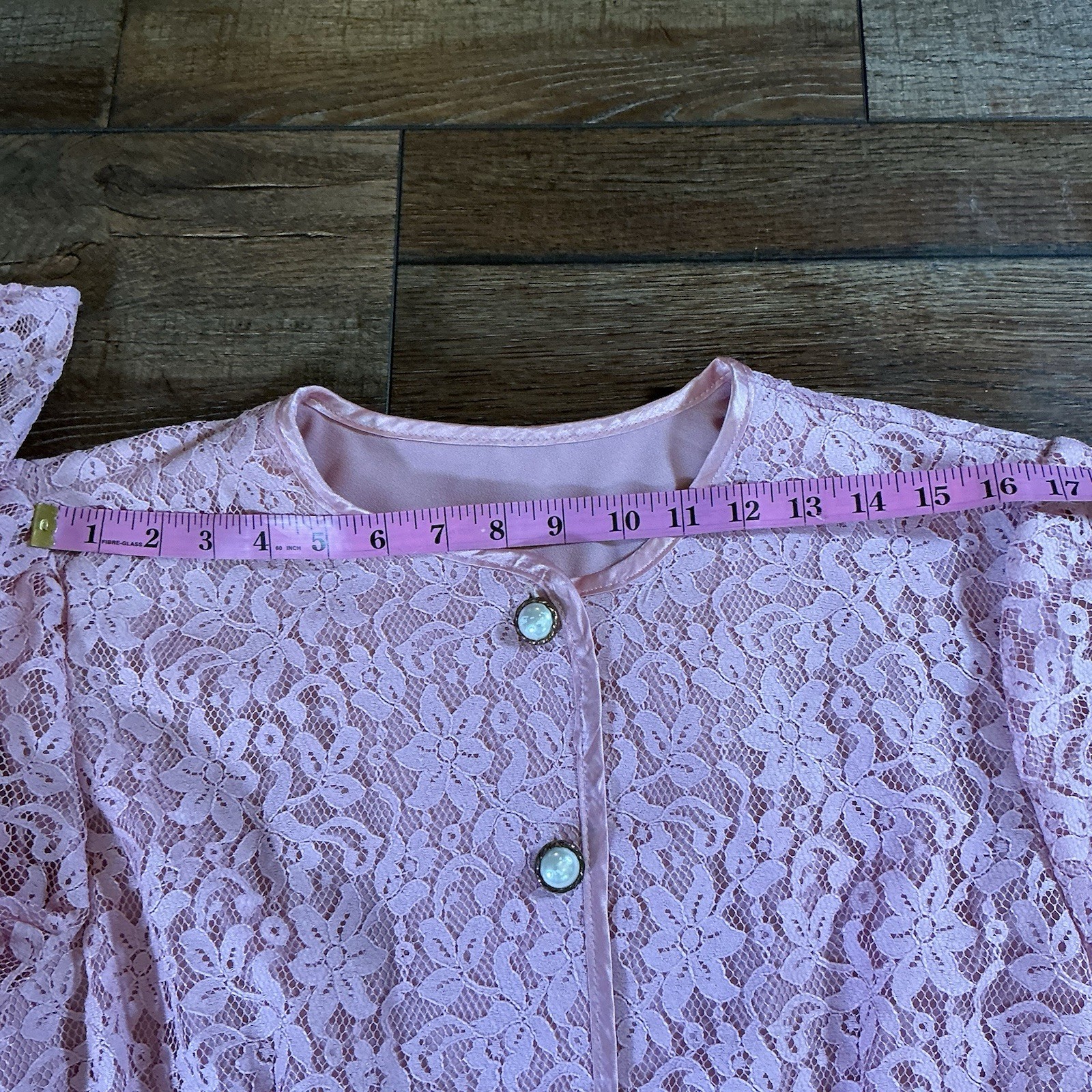 80s VINTAGE Pink Lace Jacket Women’s Size 12 USA Made Rhinestone Buttons #82529