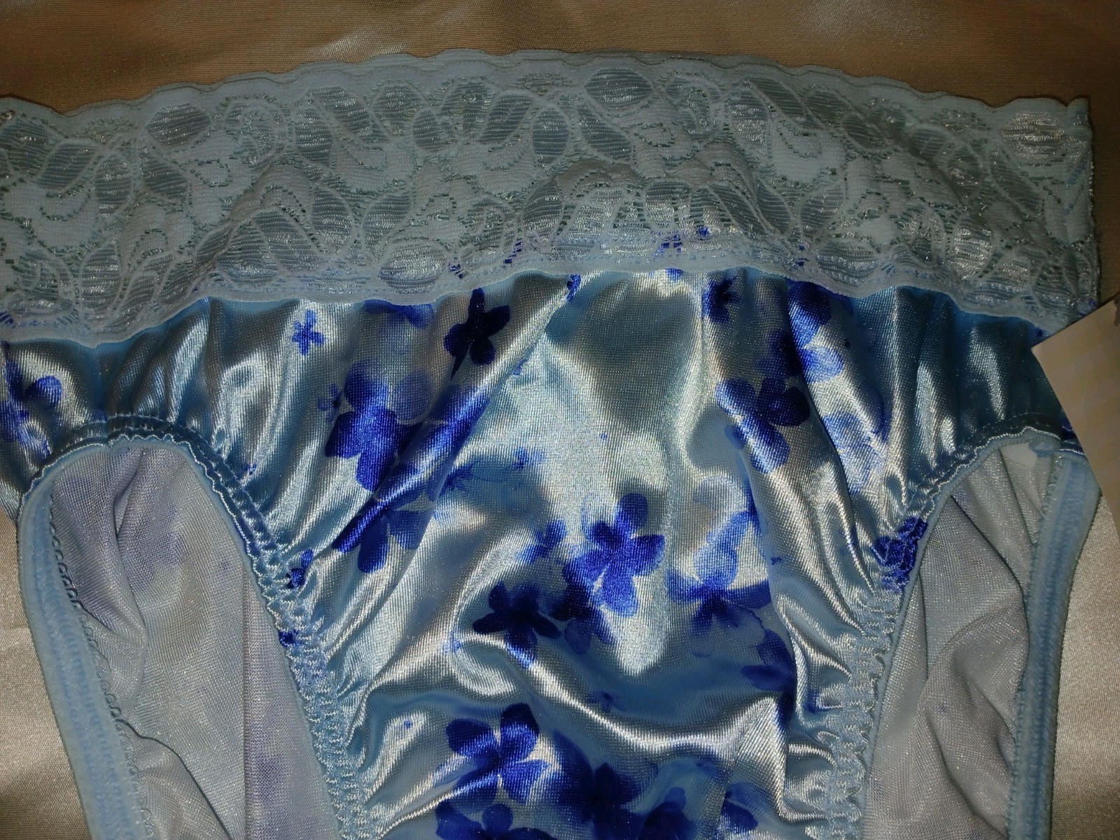 Vintage Bali Blue Floral Satin Wet Look Second Skin Hi-Cut Lace Panties S NWT