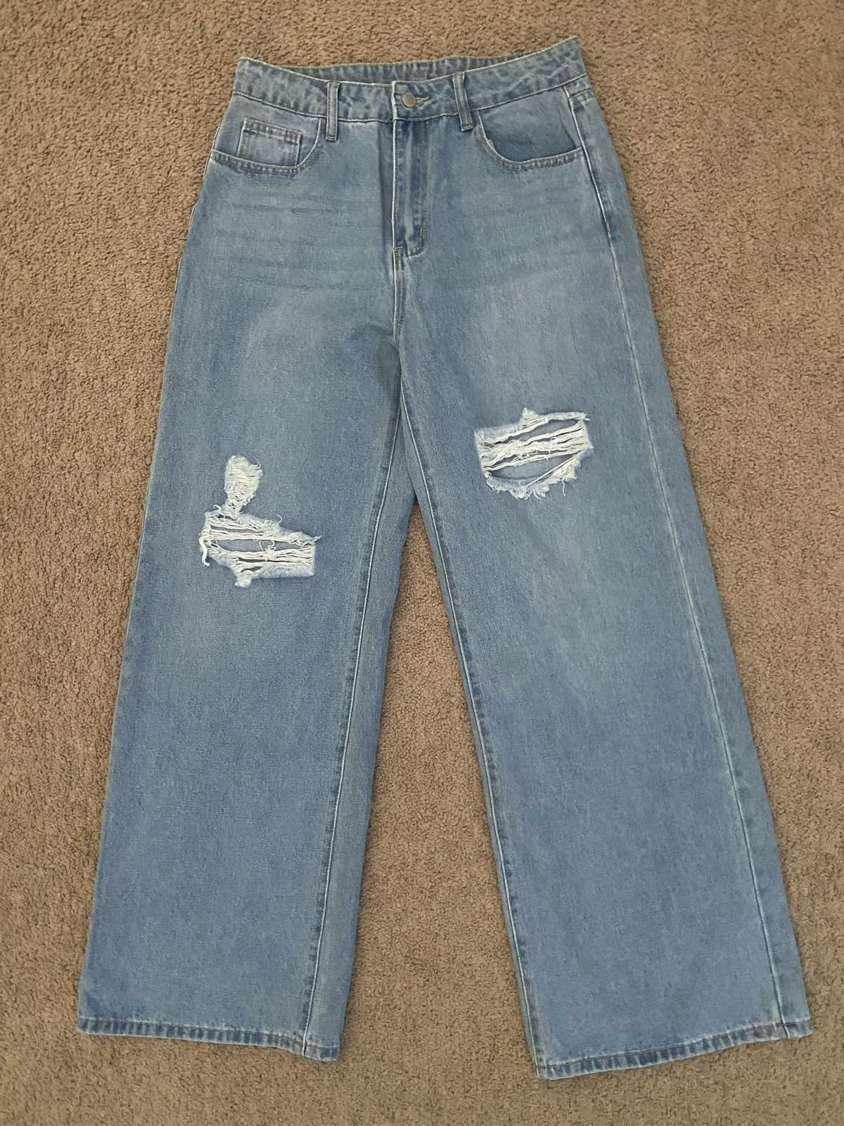 Light Wash Distressed Wide Leg Baggy Denim Jeans Womens. Shein
