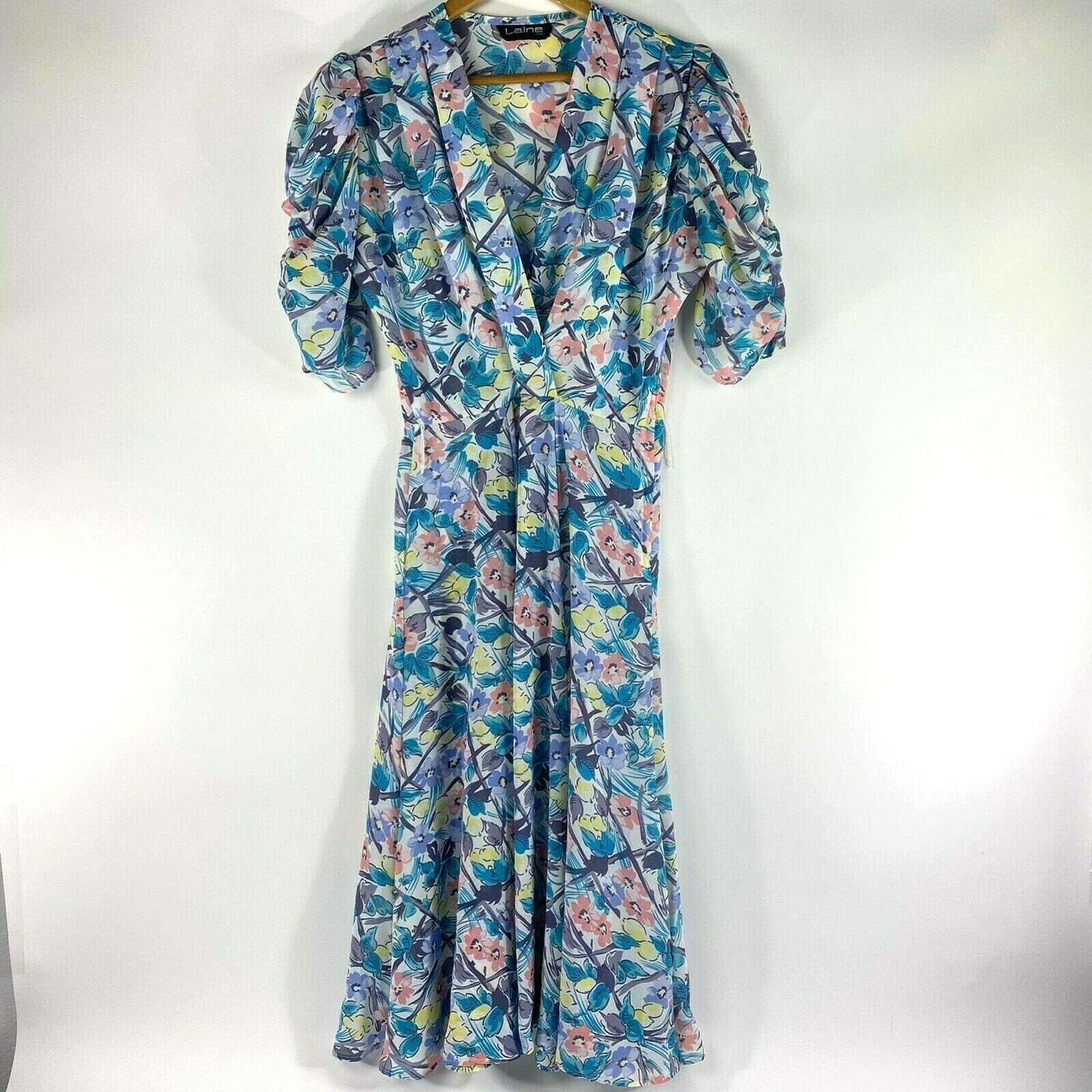 Vtg Laine Sz 9/10 Floral Semi Sheer Colorful Ruffle Sleeves V-Neck Long Dress