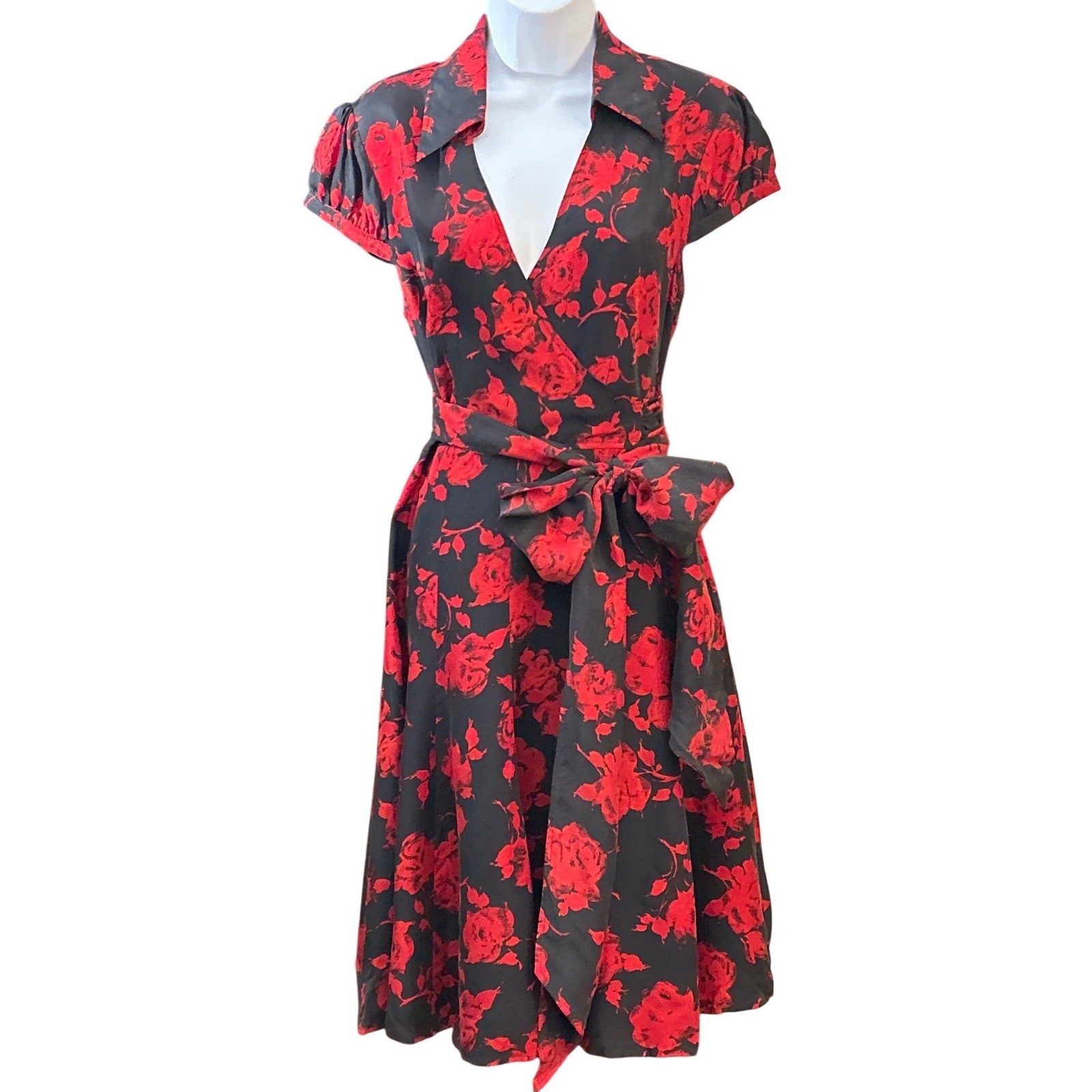 Vintage Moda International Silk Wrap Dress Rockabilly Pinup Rose Romantic Goth