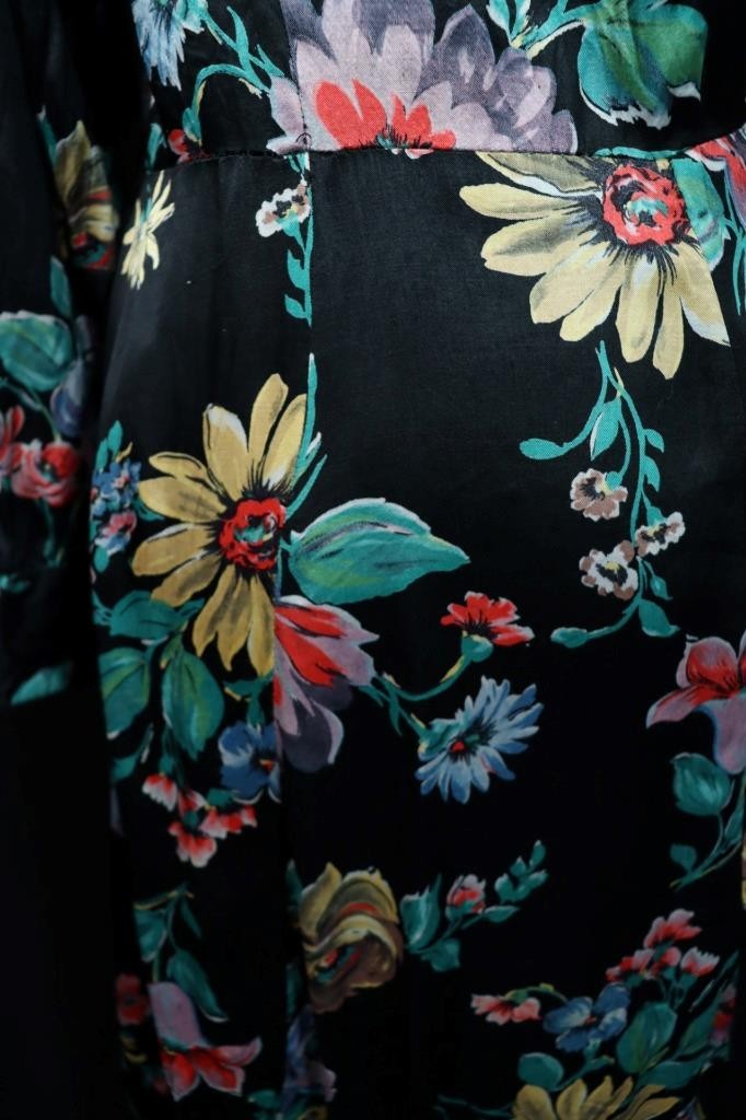 Vintage 1940’s French Silky Rayon Satin Black Floral Dressing Gown Size 6-8