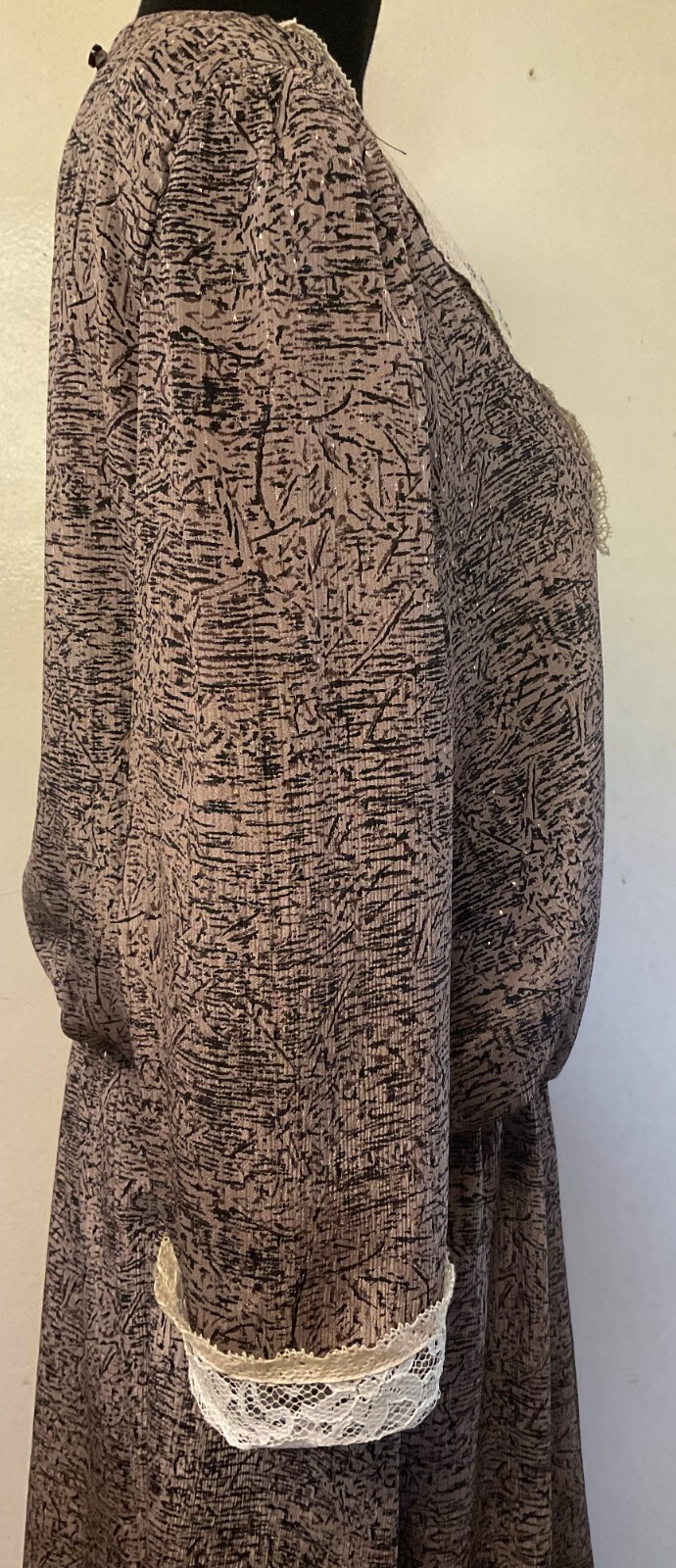 Vintage 1980s Black Patterned Dress with Lace Collar & Cuff-Large-Lorac Original