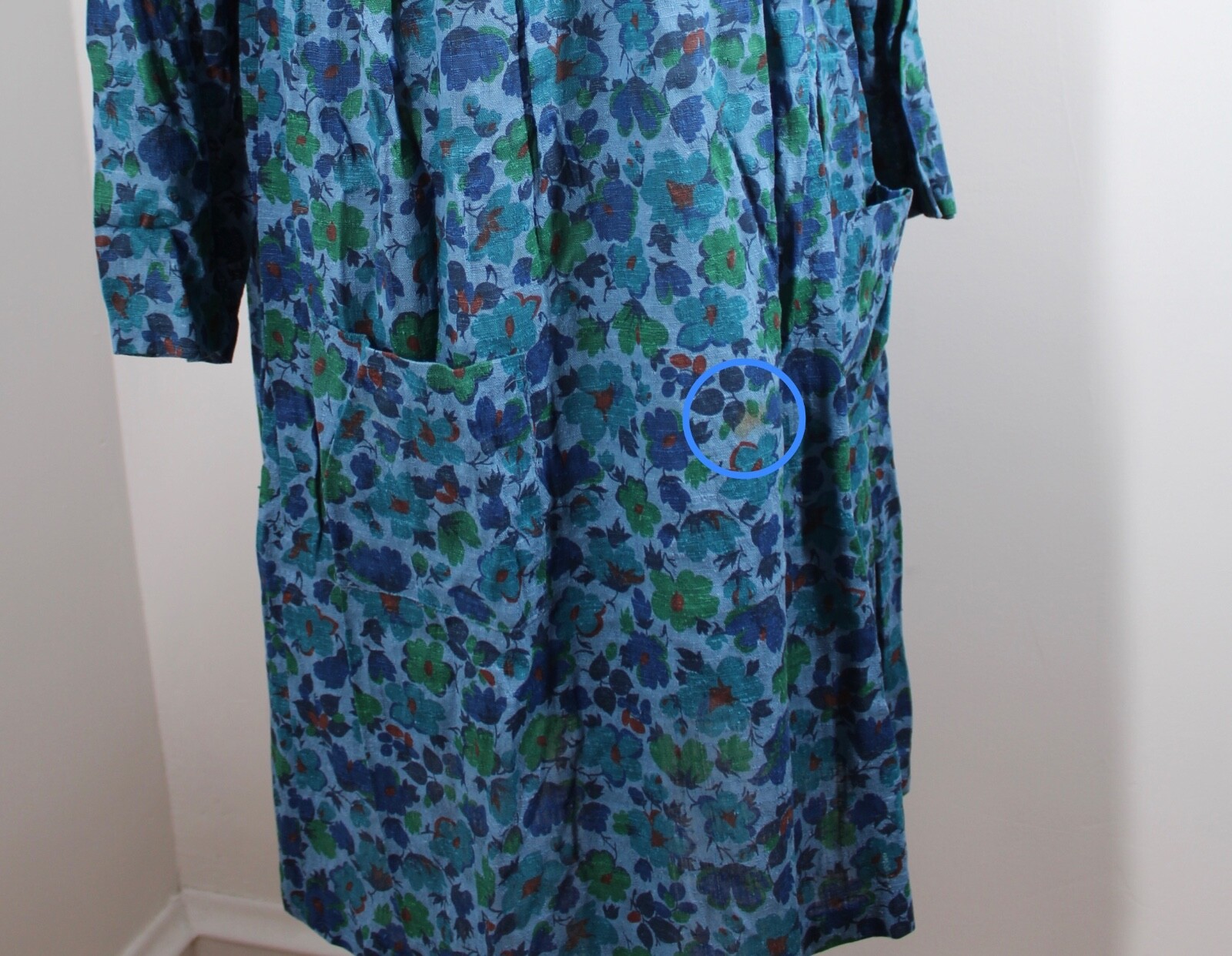 Vtg 50s/60s Blue Floral 14 Woven Cotton Long Sleeve Dress 36″ Bust