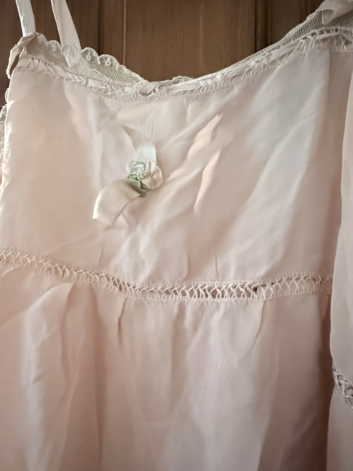 1920’s Pink Silk Teddy Step-in Antique Vintage lingerie Rosette & Net Lace Trim