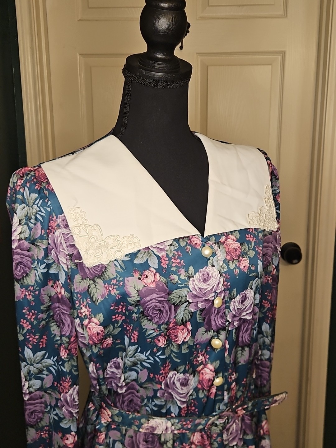 Cottagecore Vtg 80s Whirlaway Frocks Dark Floral Midi Dress 16P Prairie Modest