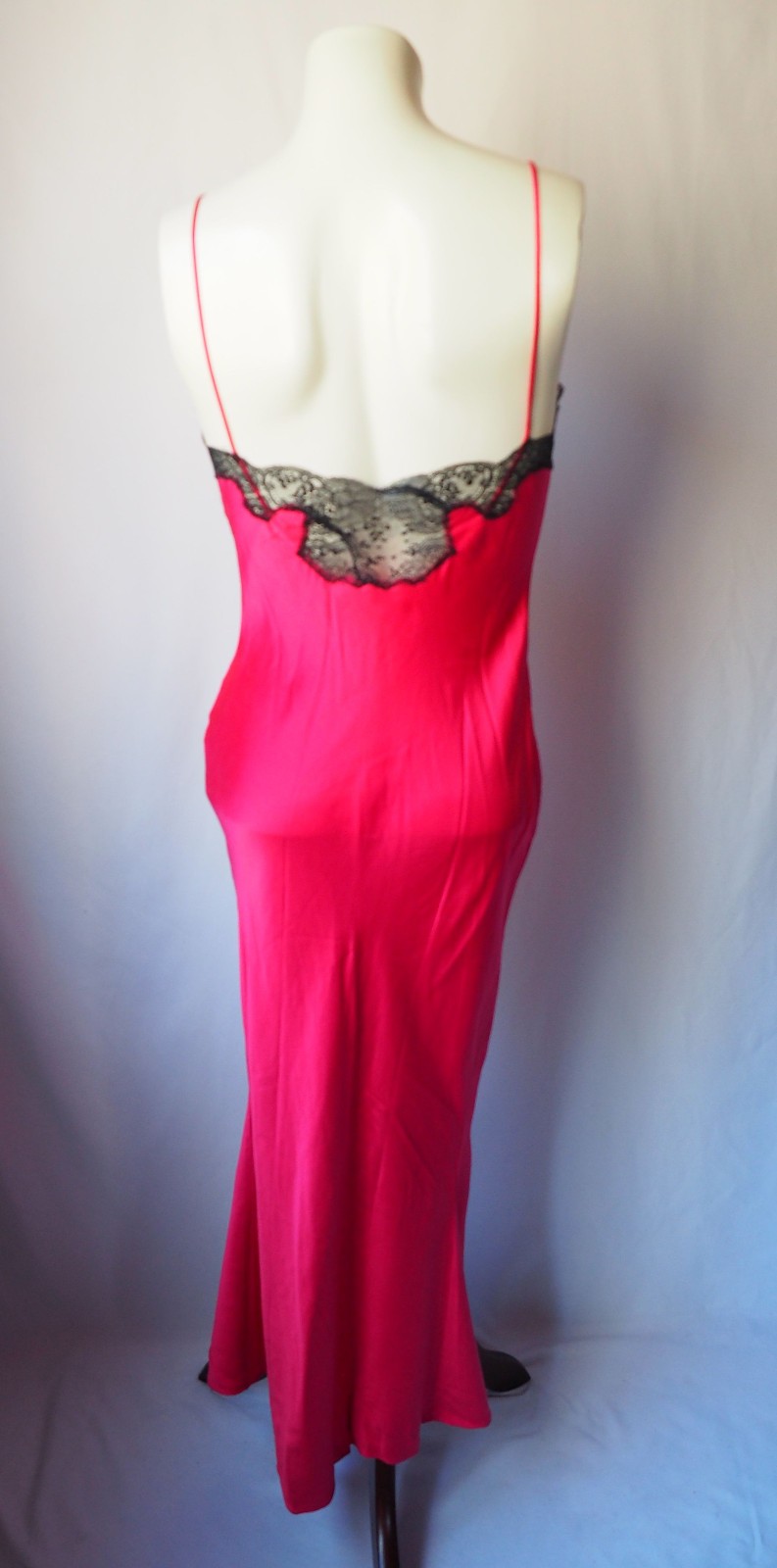 Vintage Ria 100% Silk Lingerie Slip Dress Mermaid Gown Hot Pink Black Lace P