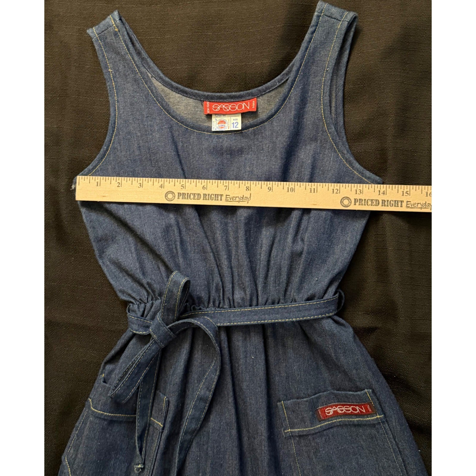 70’s Sasson denim dress size 12Union label Western, A-line, Ruffle Made in USA