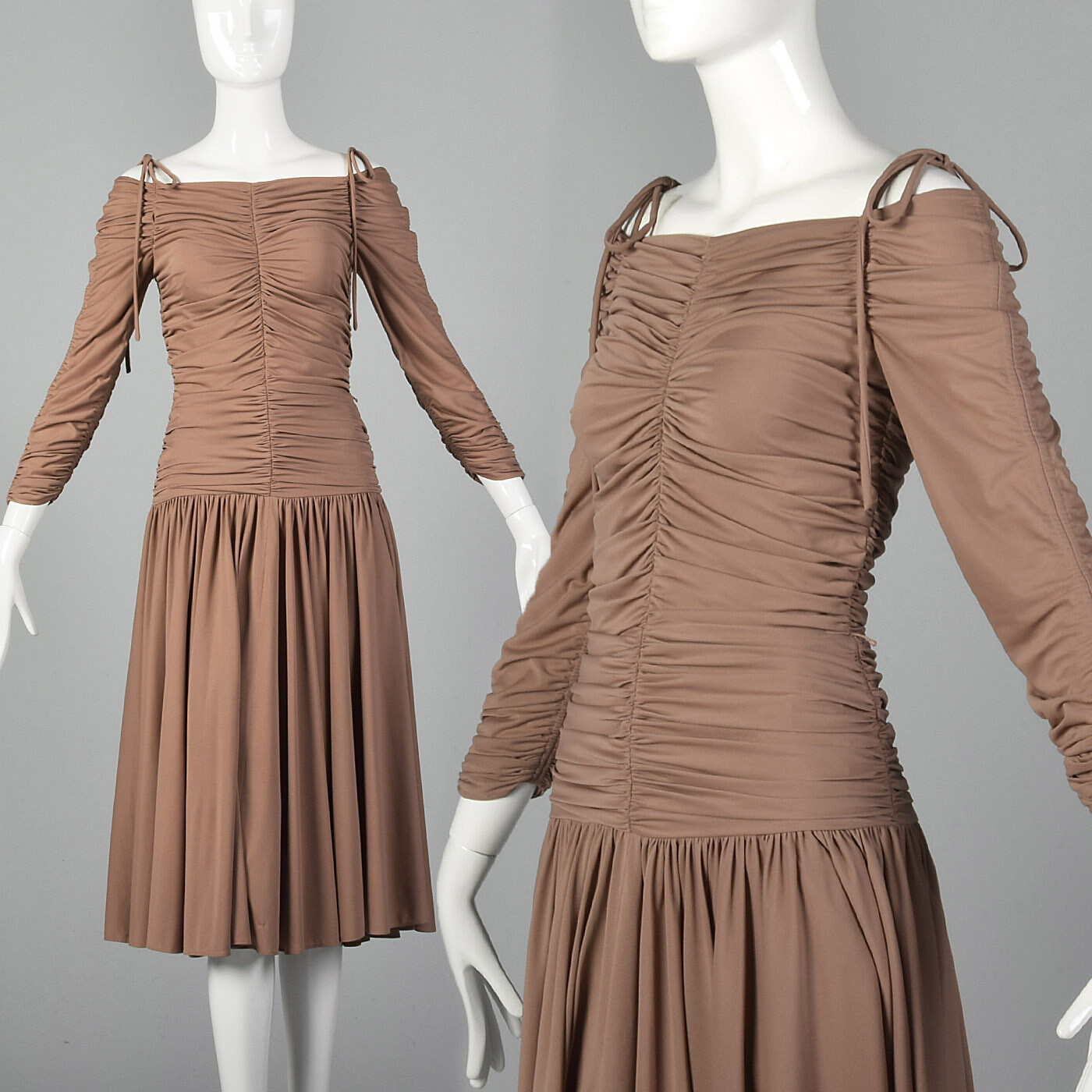 XS Frank Usher Golden Touch 1970s Dress Vintage Off Shoulder 70s Toffee Brown