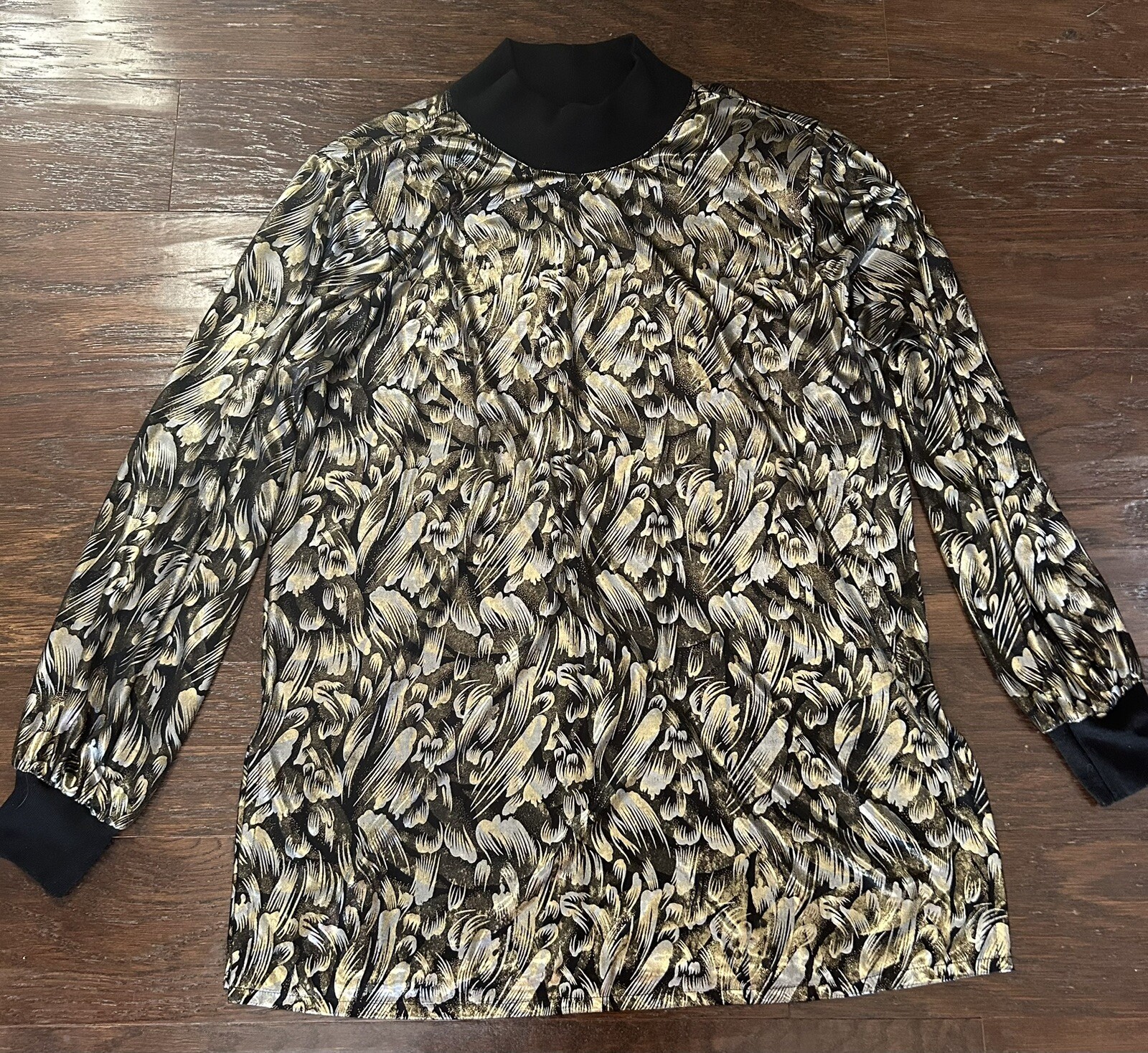 Vintage JUDY BOND SZ M Blouse Black Gold Silver long sleeve Metallic