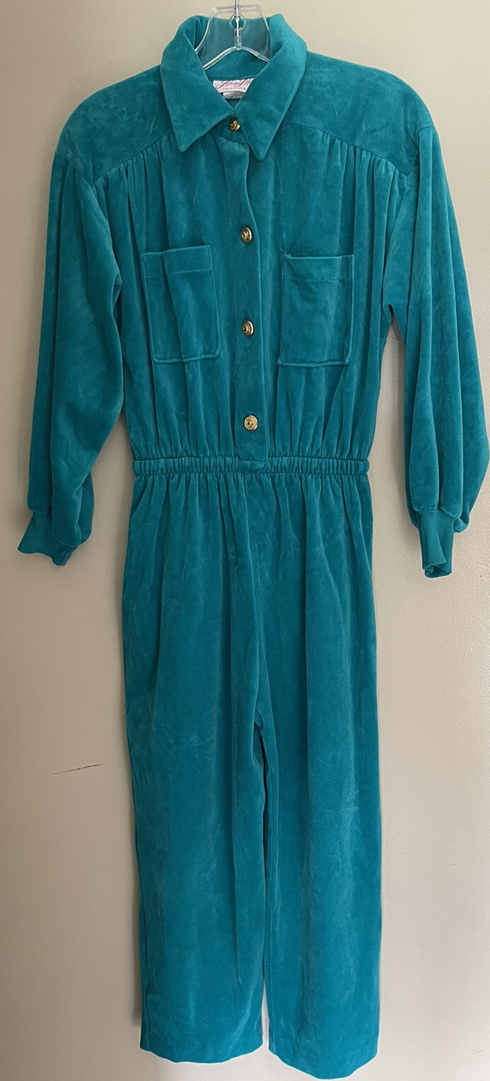 Vtg 80s Leisure Life Velour Jumpsuit Pockets Elastic Waist USA Made Women Medium