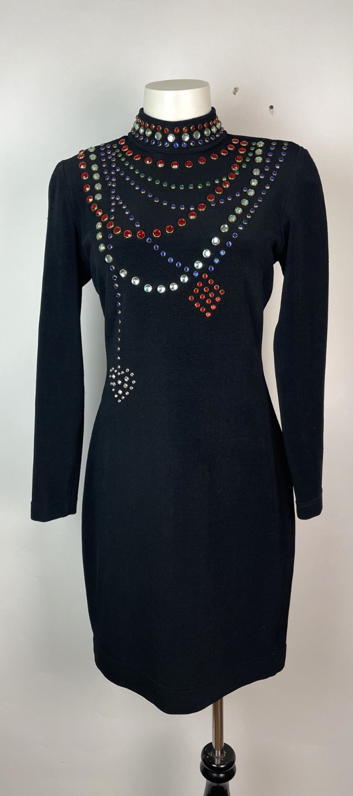 Vintage 80s Lillie Rubin Black Sexy Glam Crystal Stud Open Back Bodycon Dress M