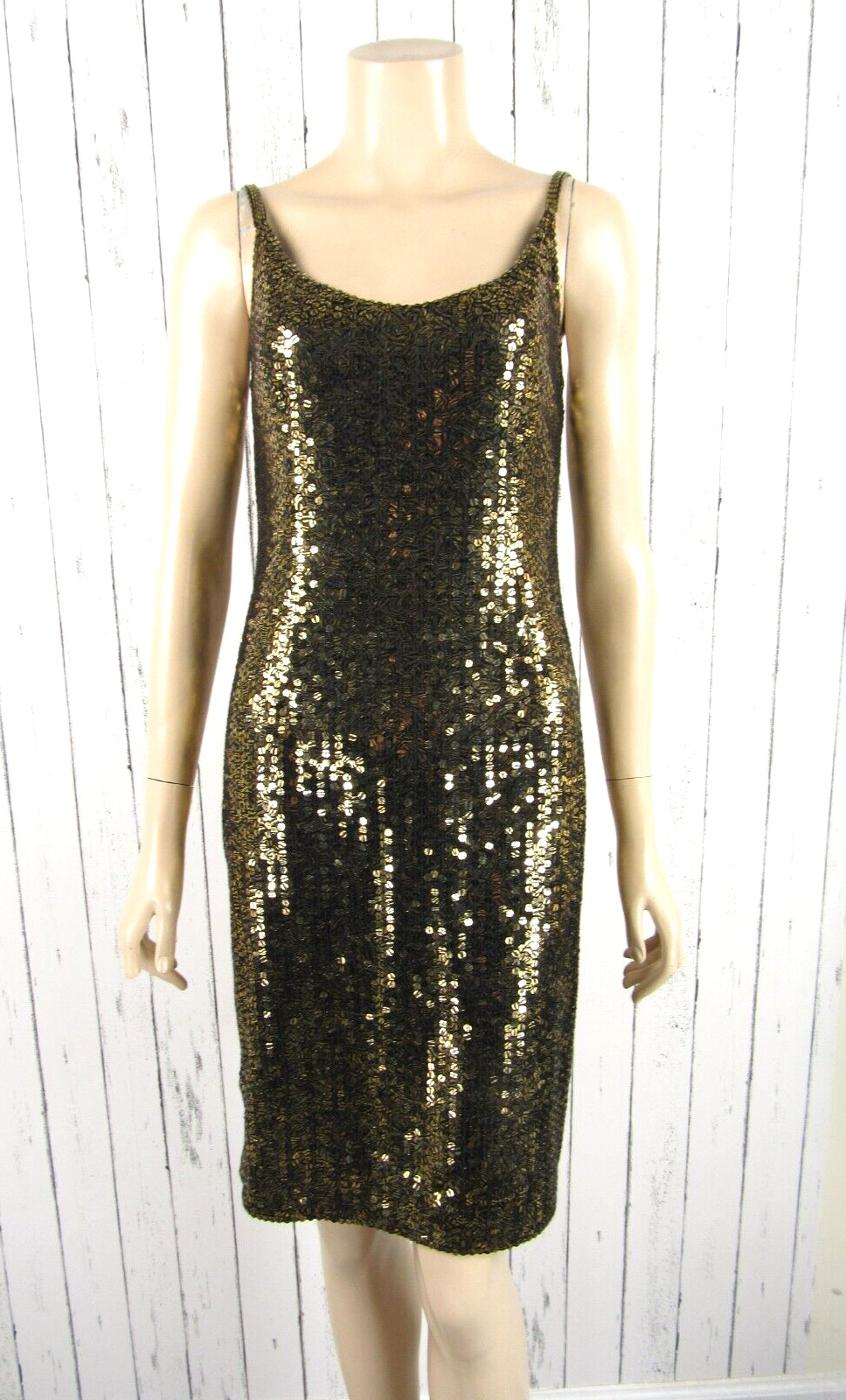 Vintage 80s 90s BLACK TIE Black Gold Sequin Beaded Slip Dress Mini Party Prom M