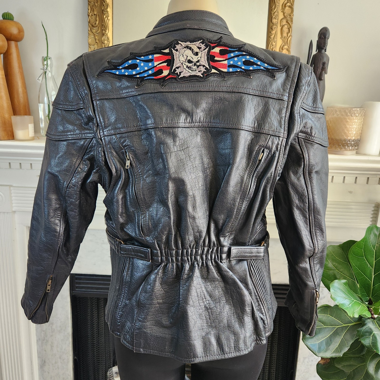 Vintage 80s Black Leather Moto Jacket Racing Biker Skull Size Medium Rocker