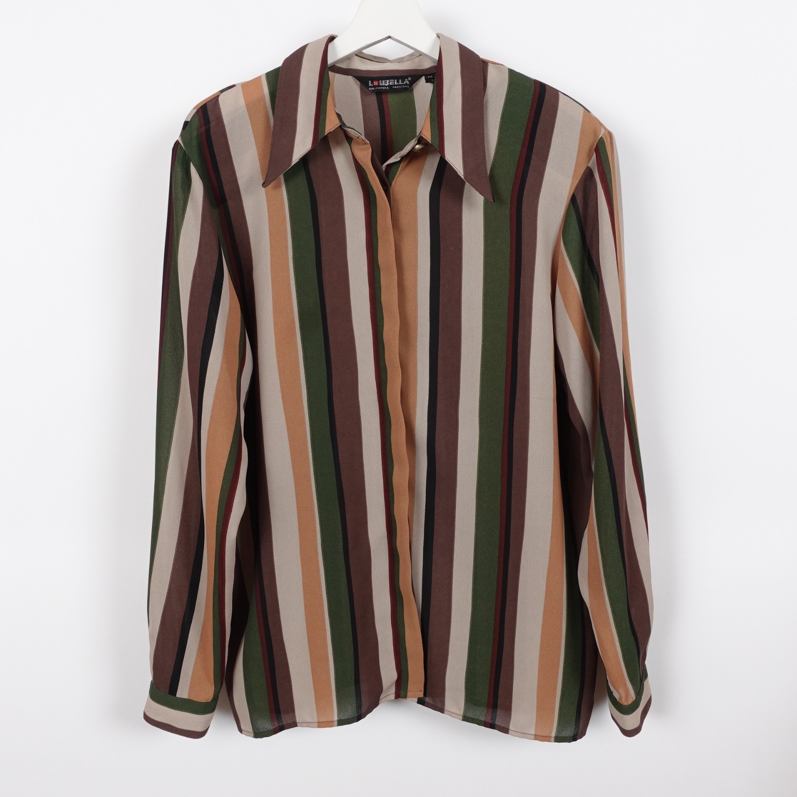 Vintage 70s Women’s Disco Shirt Striped Vertical Loubella Dagger Collar Large