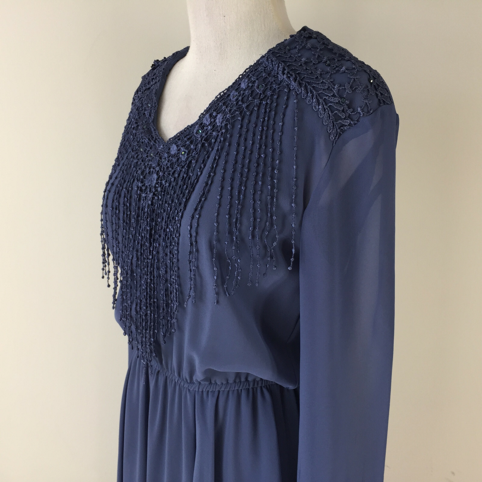 Vintage Spencer Alexis S 6 Smokey Blue Boho Dress Midi Party fringe tiered Cute