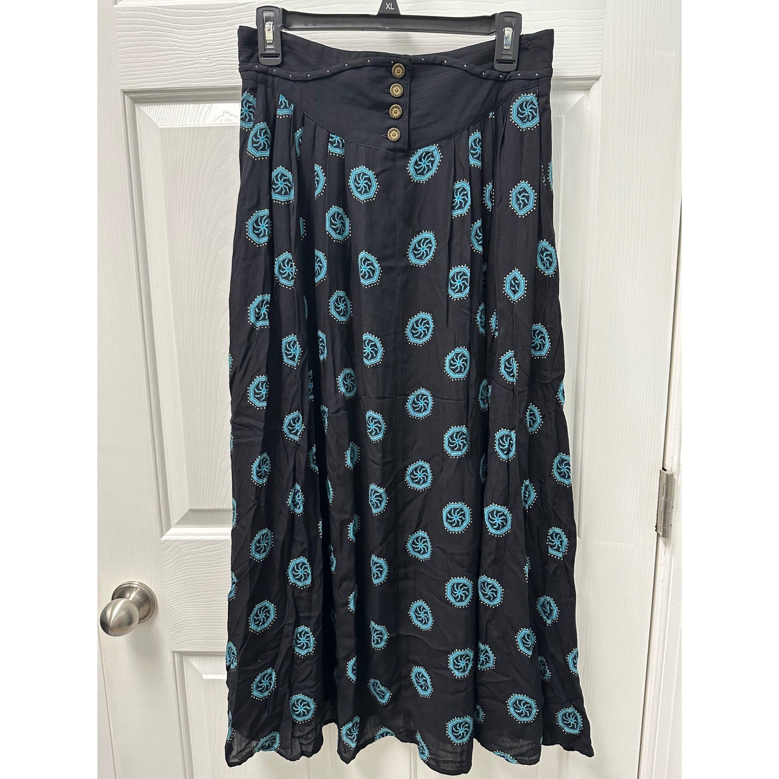 Vintage Marsha Brander for Componix Black Teal Western Maxi Skirt Size 14 NWT