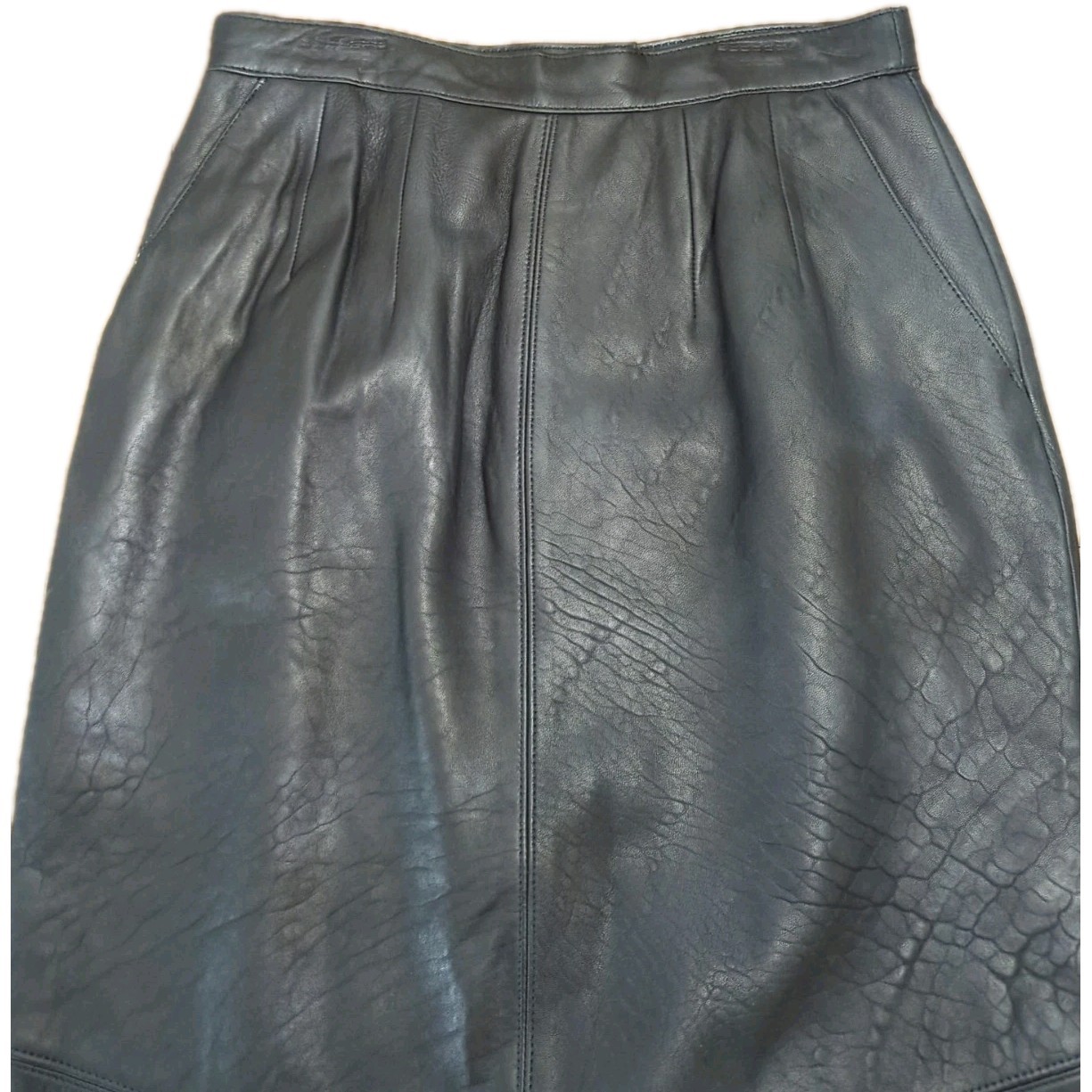 Vintage Black Leather Pencil Skirt Zipper With Snap Closure Front Slit Size 9/10