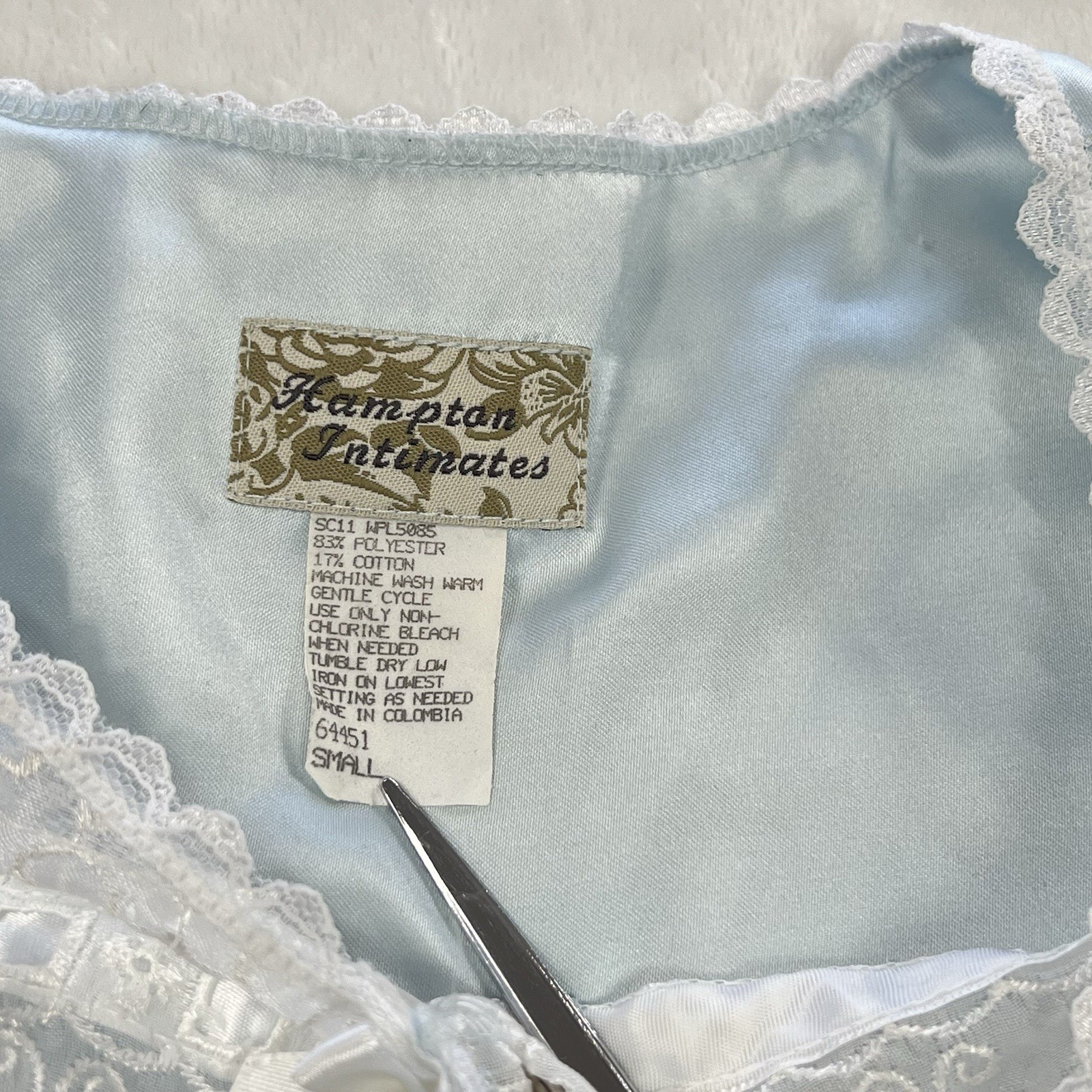VTG Satin Sleep Top Small Light Blue Long Puff Sleeve Lace Cottage Blouse