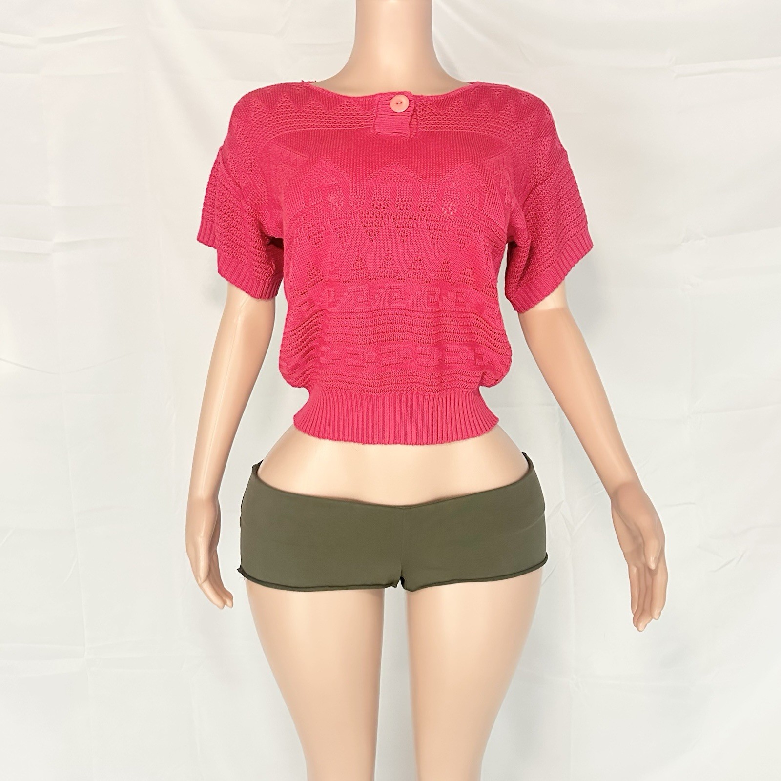90s Vintage Coquette Hot Pink Short Sleeves Fine Knit Crop Top Size Small