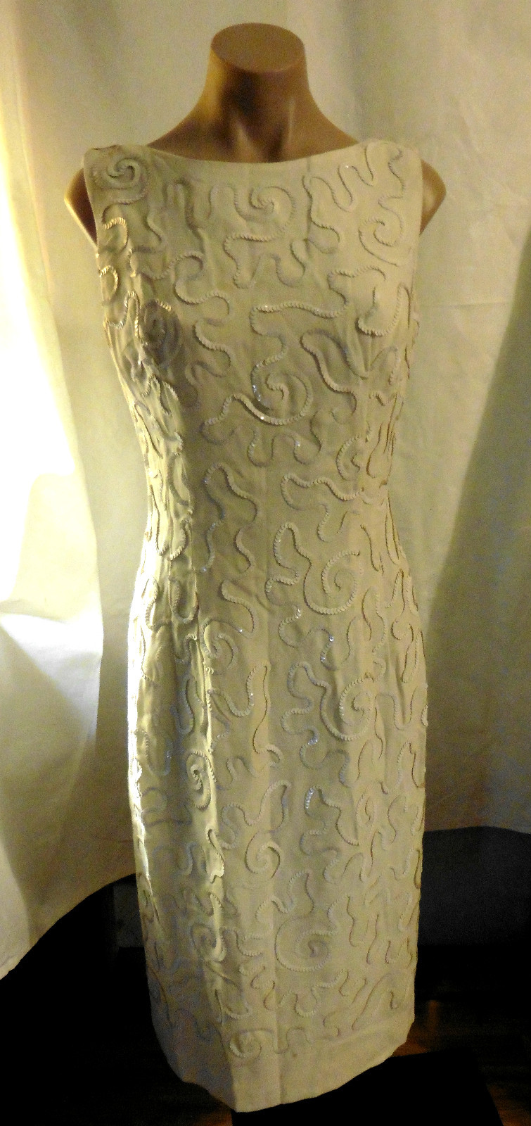 50s Cream Crepe Lined Slvless Dress w/ White Sequin Decor by Jay Herbert sz S-M