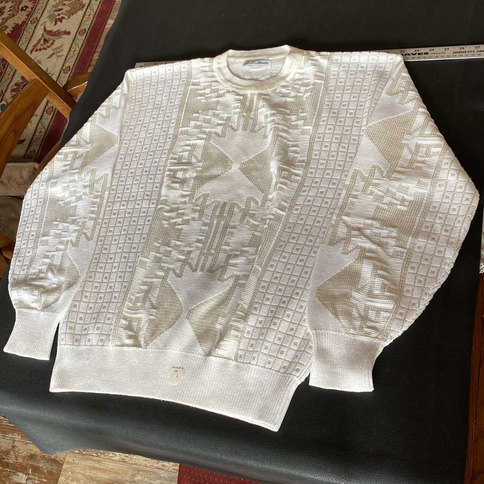 VTG 1970s JT MARTIN Mens WHITE 2 Tone Abstract Geometric Knit Sweater 65% Cotton