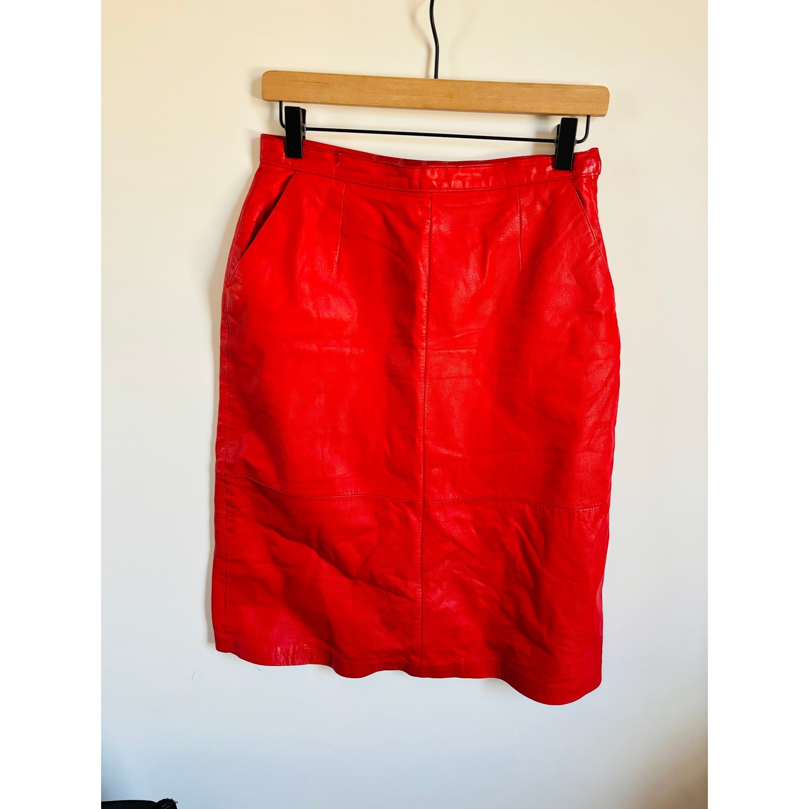 Pia Rucci Leather Pencil Skirt Womens 10 Red Vintage High Waisted Midi 80s 90s