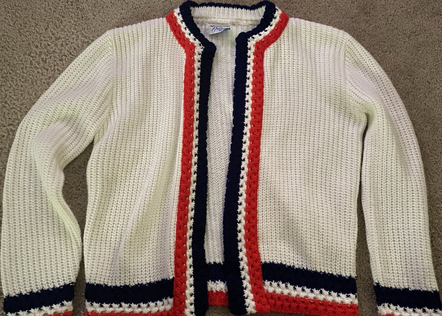 Orlon Acrylic Vintage White Knit Cardigan with Red & Blue Stripe Trim