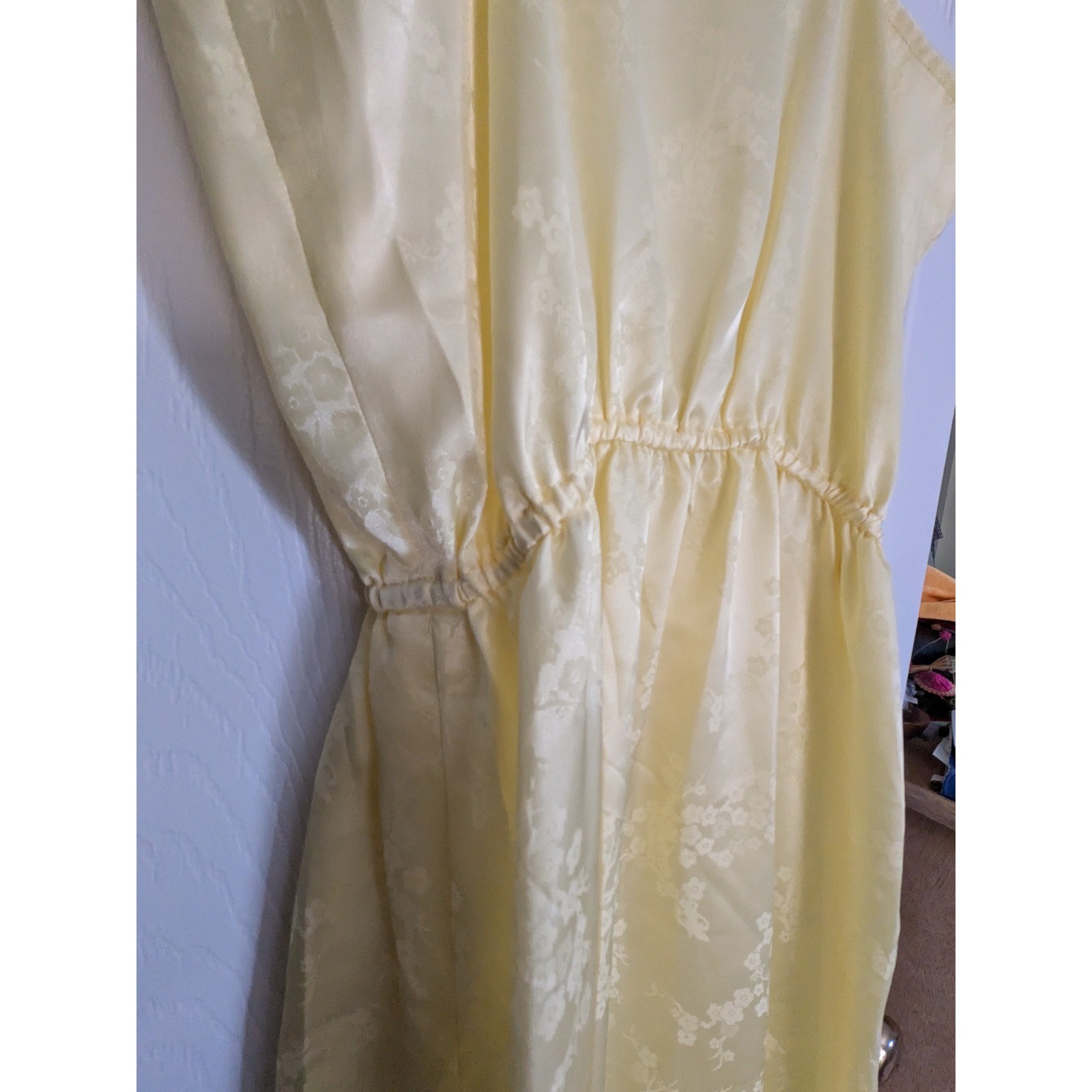 Vintage Yellow Floral Jacquard Maxi Dress Cowl Neck Elastic Waist Sleeveless M