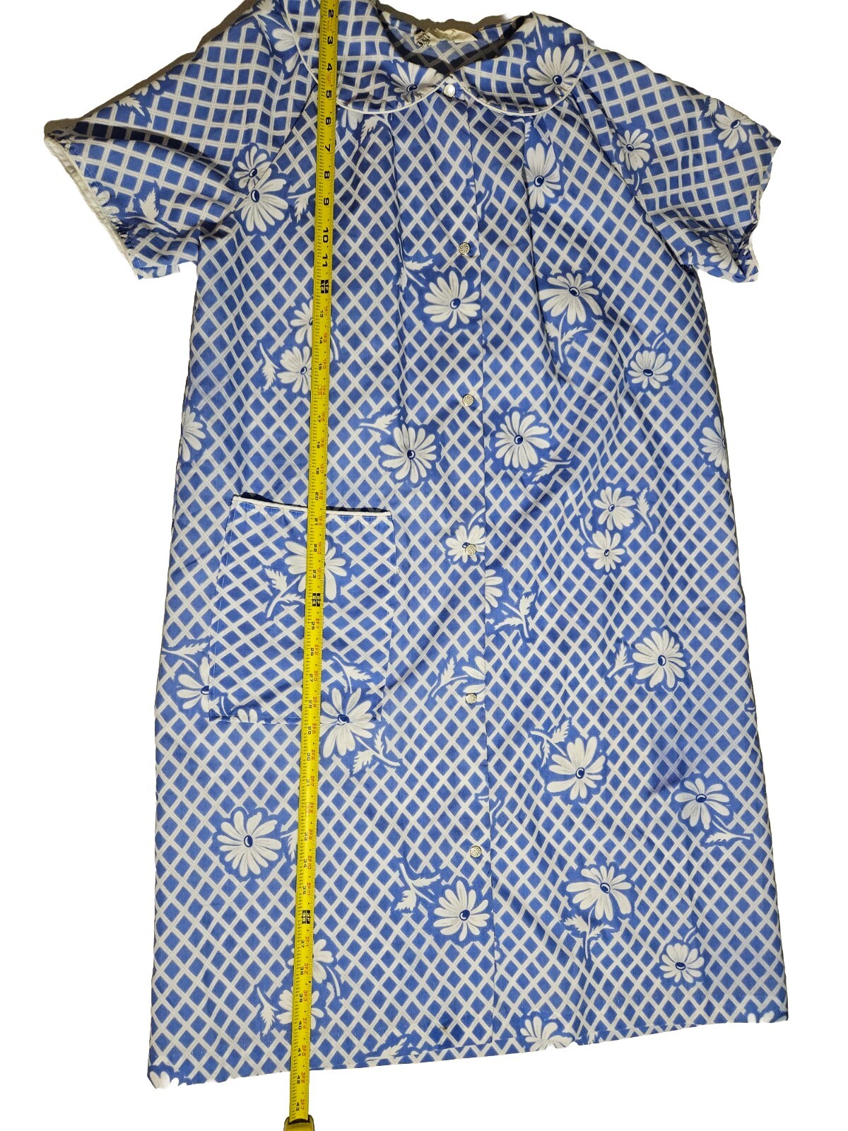 VTG Caper Coat Housecoat Nightgown Medium Retro Mod Button Up Blue Floral Check