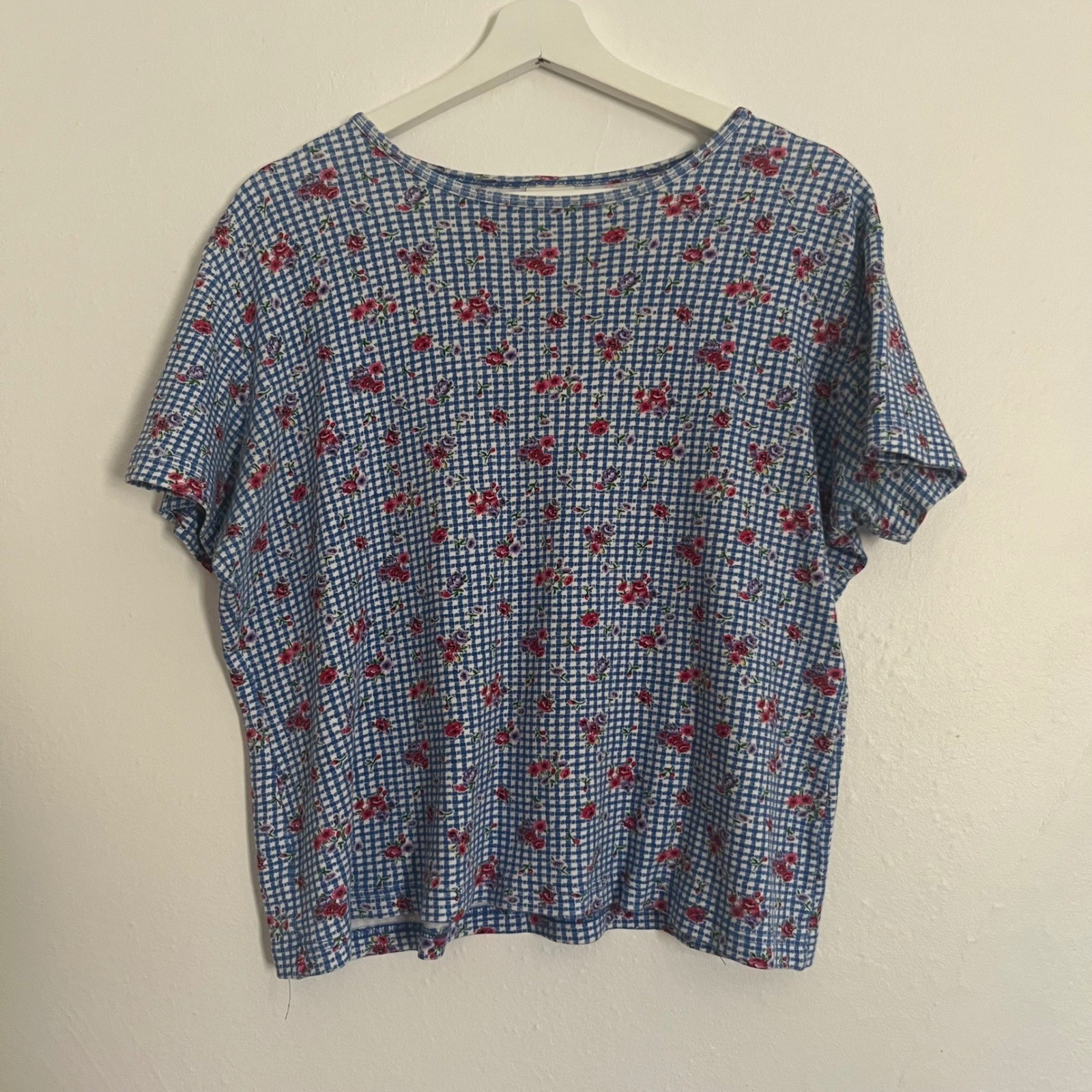 Vintage Cascade Blues Blue White Pink Floral Gingham 100% Cotton Shirt L