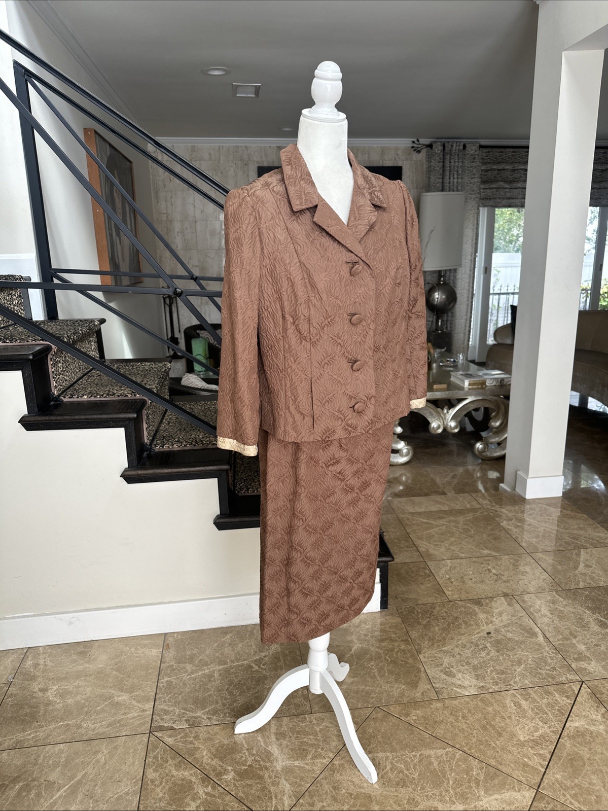 Sophie Gimbel Couture For Saks 50s Mocha Brown Silk Matelasse 3 Piece Skirt Suit