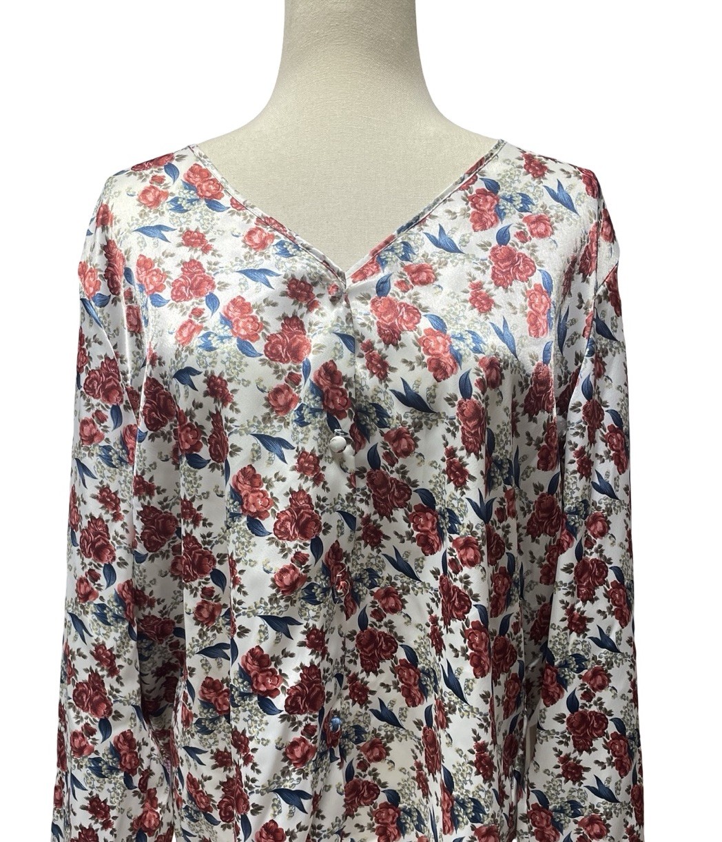 Vintage Val Mode Rose Pajamas Floral Silky L Sleep Lounge 2pc Set 1980s USA New