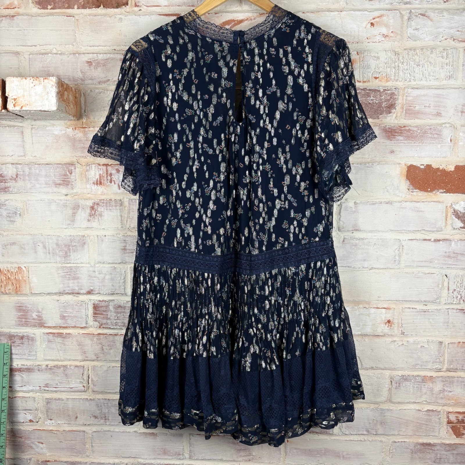 Maeve Anthropologie V-Neck Lurex Oversized Tiered Mini Dress Metallic Lace XXS