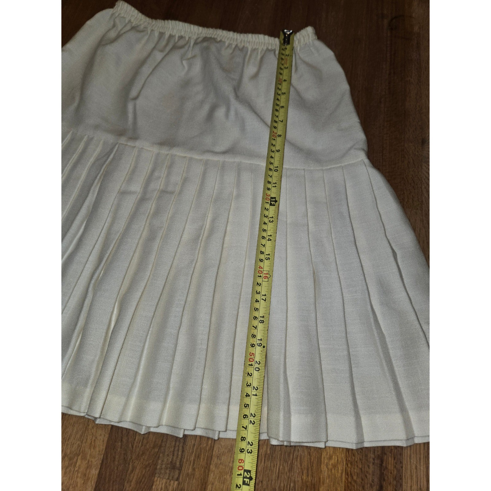 Vintage Women 13/14 Cream White Drop Waist Pleated Elastic Waist USA Midi Skirt