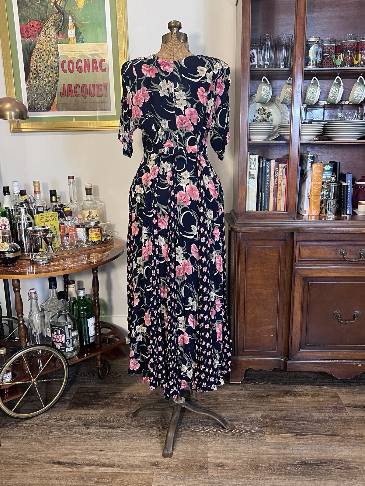 Vintage 80s Starina Navy and Pink Floral Maxi Godet Dress
