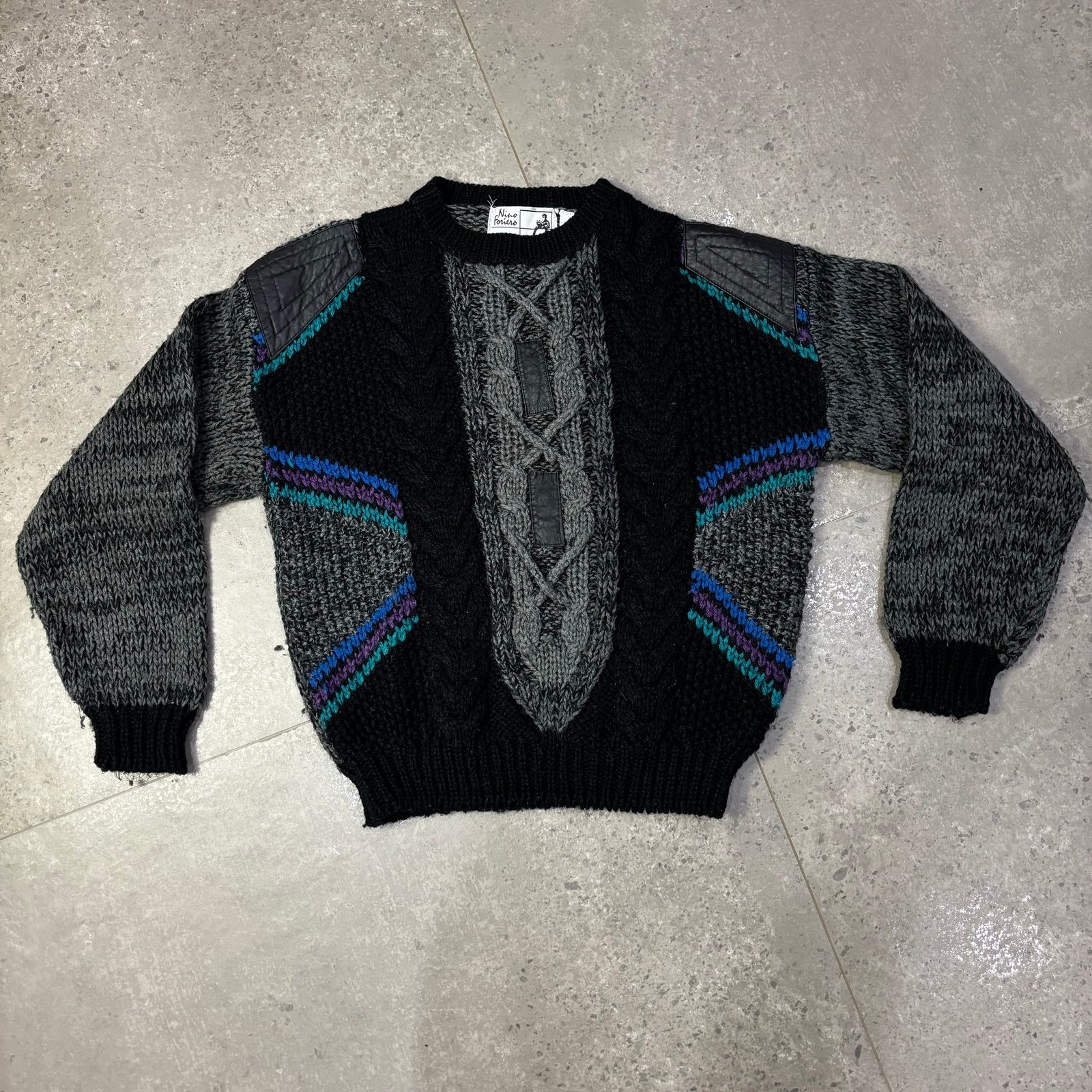 Nino Forino Vintage Sweater Men’s M/L Black Grey Cable Knit Crew Neck