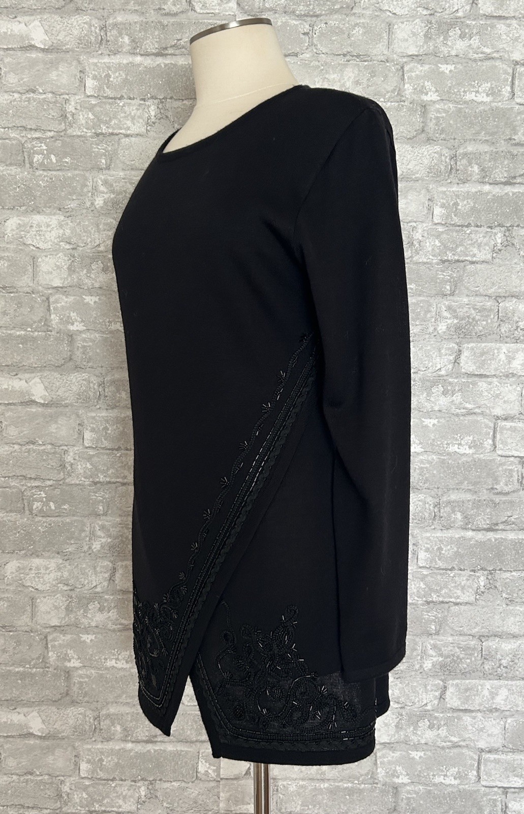 Carole Little M Vtg Black 2 Piece Skirt Set Beaded Asymmmetrical Overlap Sweater