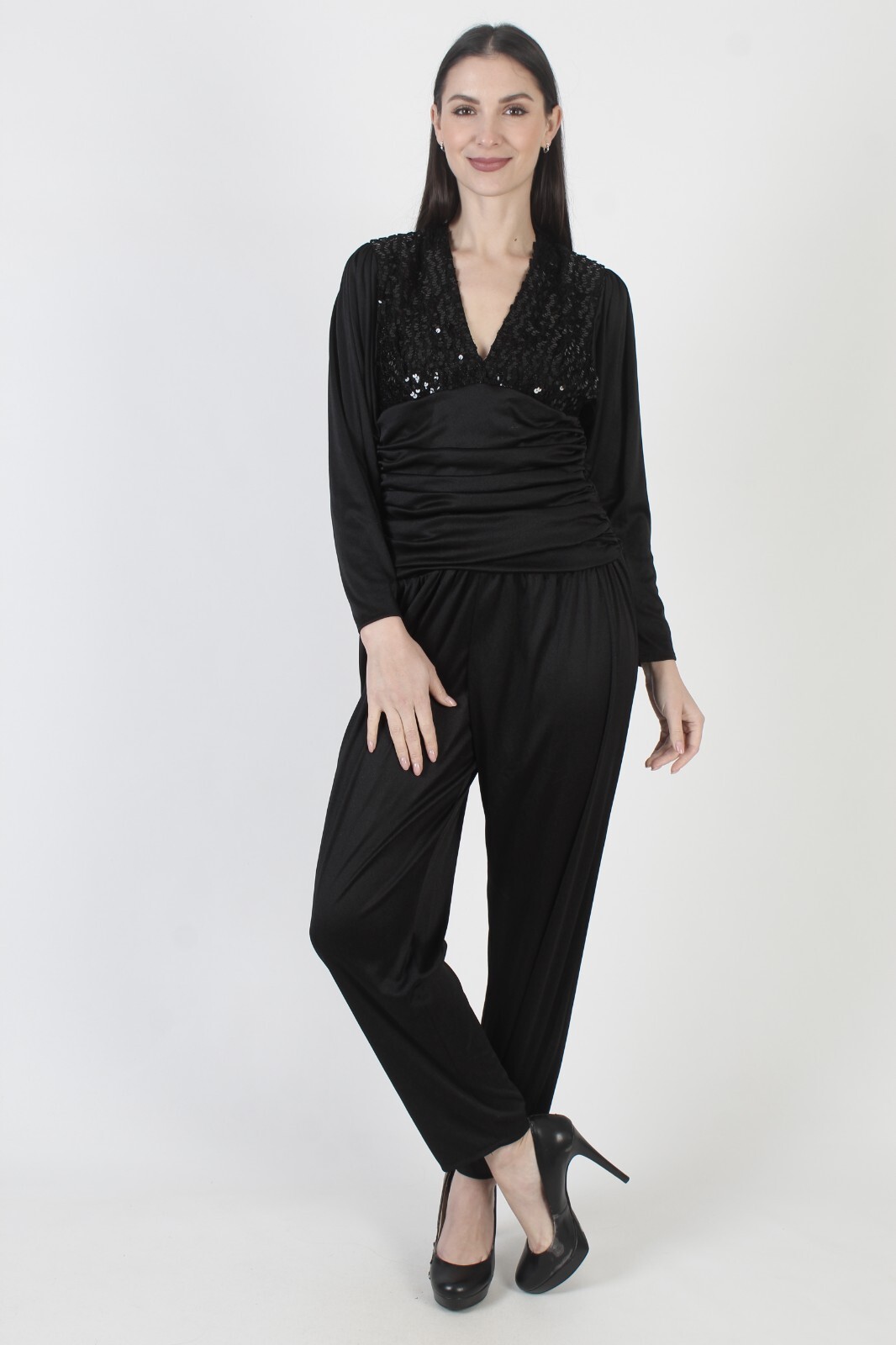 Vintage 80s Black Sequin Jumpsuit Deep V Open Back Backless Disco Maxi Playsuit