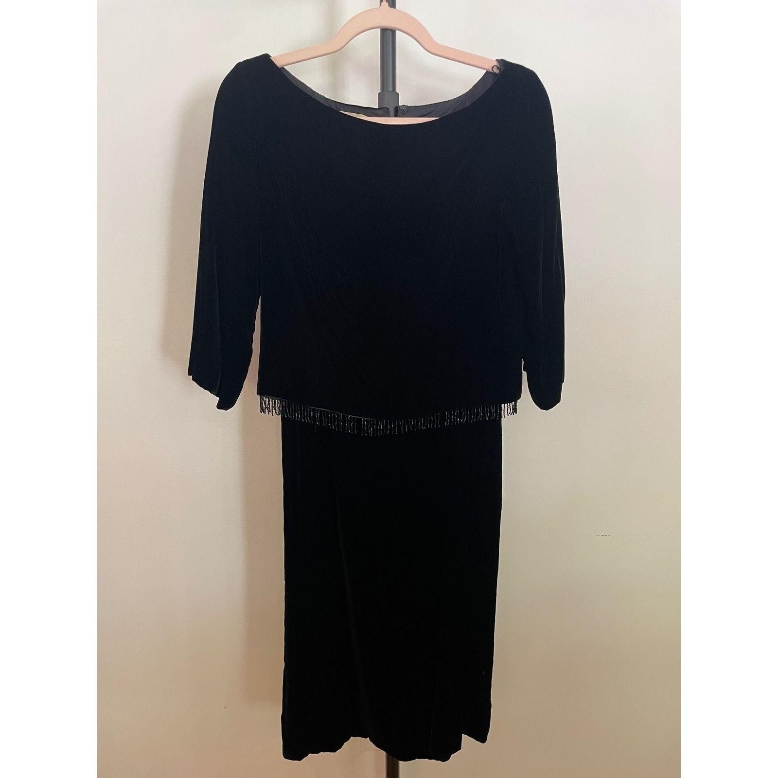 Vintage Black Velvet Dress Cocktail Beaded Best & Co Fifth Ave Small 60s
